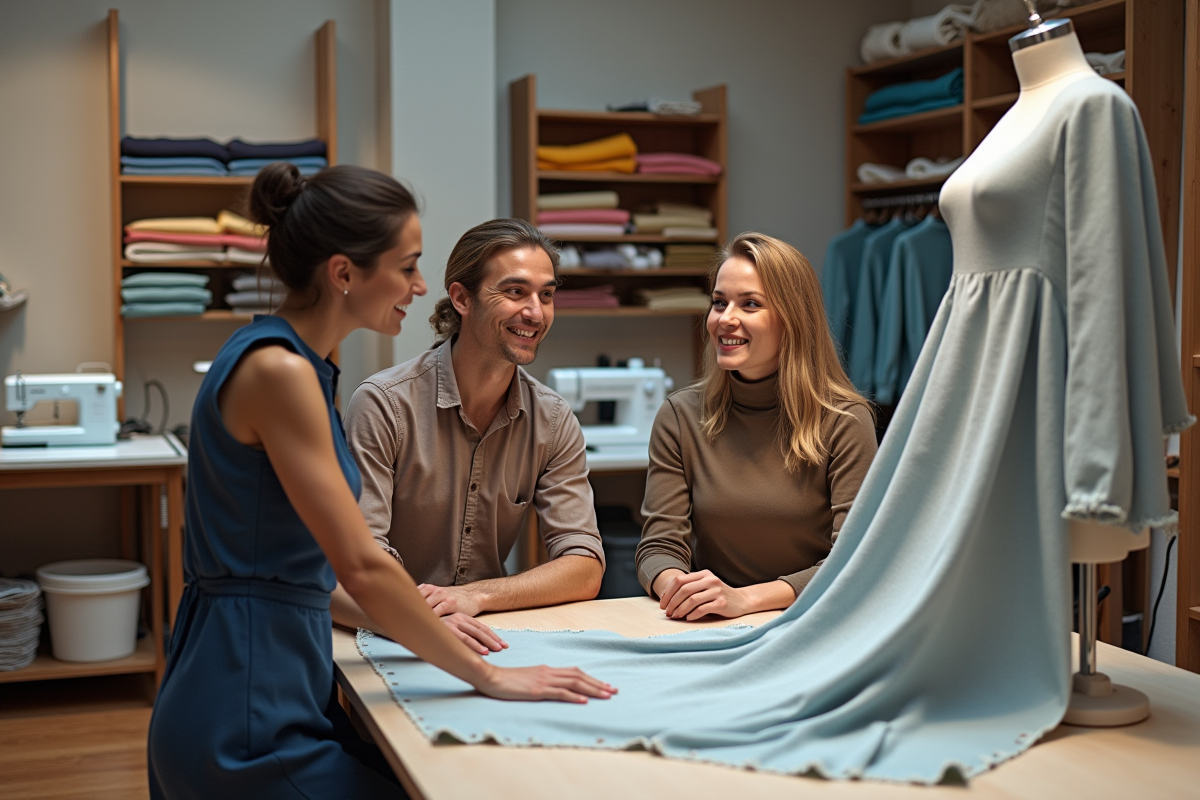 Groupe de professionnels de la mode discutant devant un mannequin