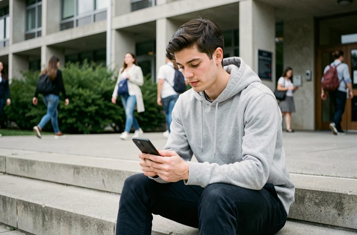 Étudiant comparant les prix d'assurance responsabilité civile sur son smartphone devant le campus