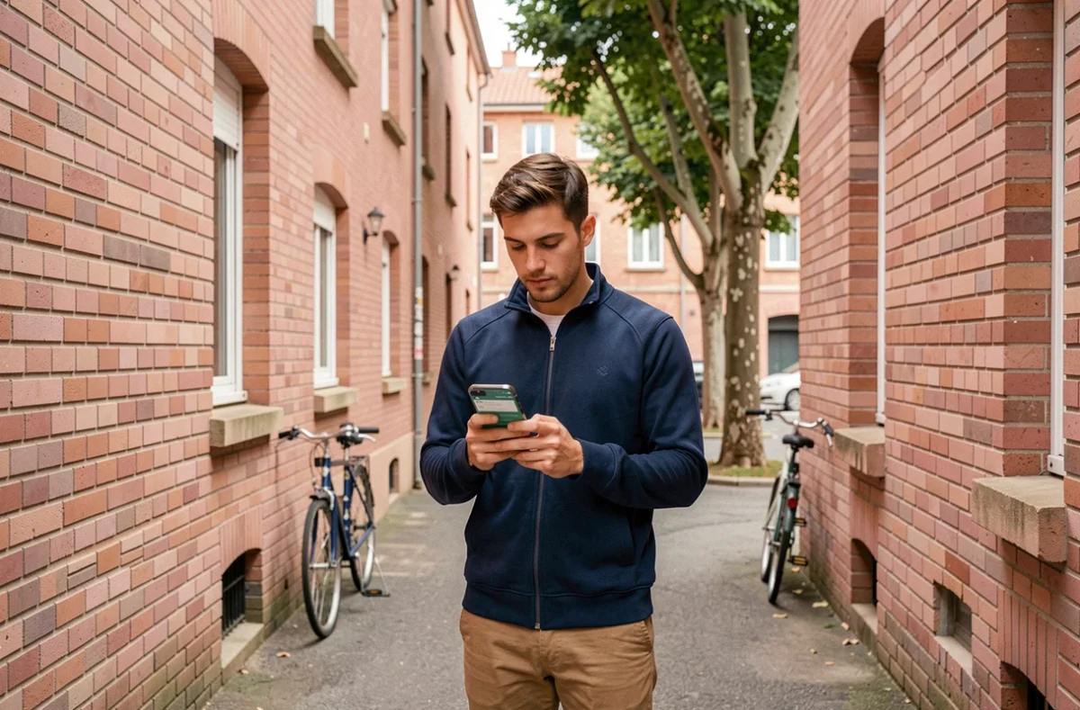 Étudiant consultant une application de comparaison d'assurance devant une résidence en briques roses à Toulouse