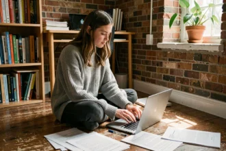 Étudiante en appartement comparant des offres d'assurance habitation sur son ordinateur portable