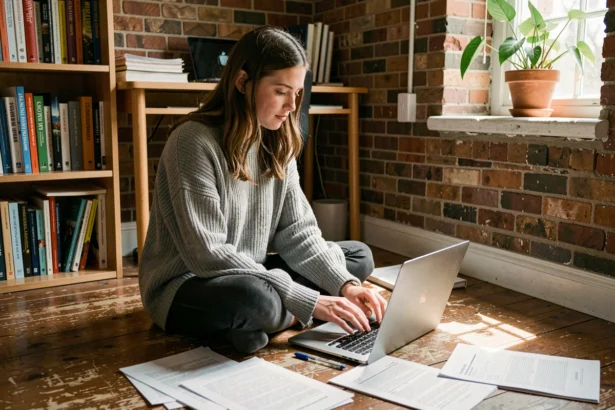 Étudiante en appartement comparant des offres d'assurance habitation sur son ordinateur portable