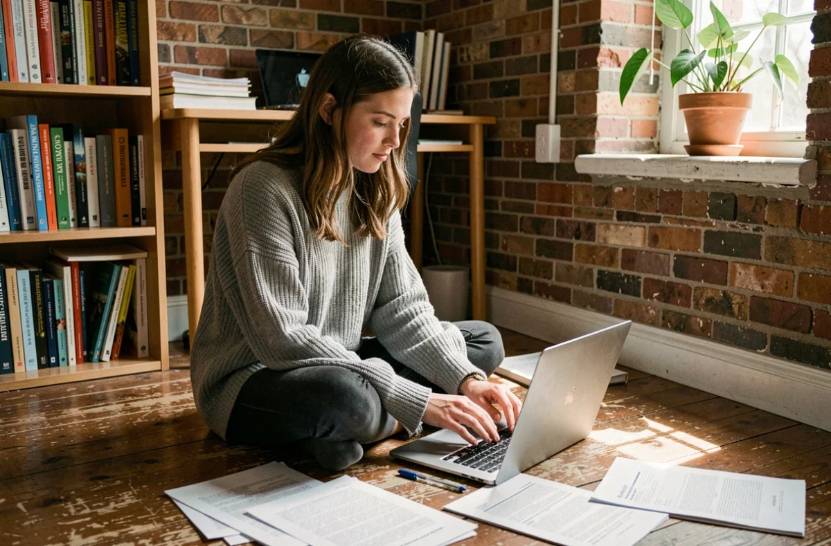 Étudiante en appartement comparant des offres d'assurance habitation sur son ordinateur portable