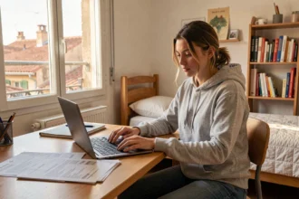 Étudiante comparant des offres d'assurance habitation sur son ordinateur dans un petit appartement à Toulouse