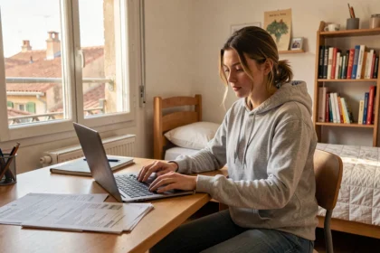 Étudiante comparant des offres d'assurance habitation sur son ordinateur dans un petit appartement à Toulouse
