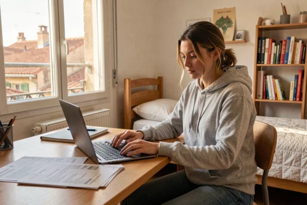 Étudiante comparant des offres d'assurance habitation sur son ordinateur dans un petit appartement à Toulouse