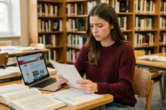 Étudiante consultant un contrat d'assurance responsabilité civile dans une bibliothèque universitaire