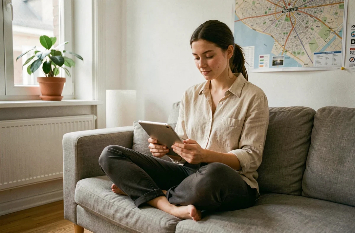 Étudiante souscrivant une assurance habitation en ligne depuis son studio à Toulouse