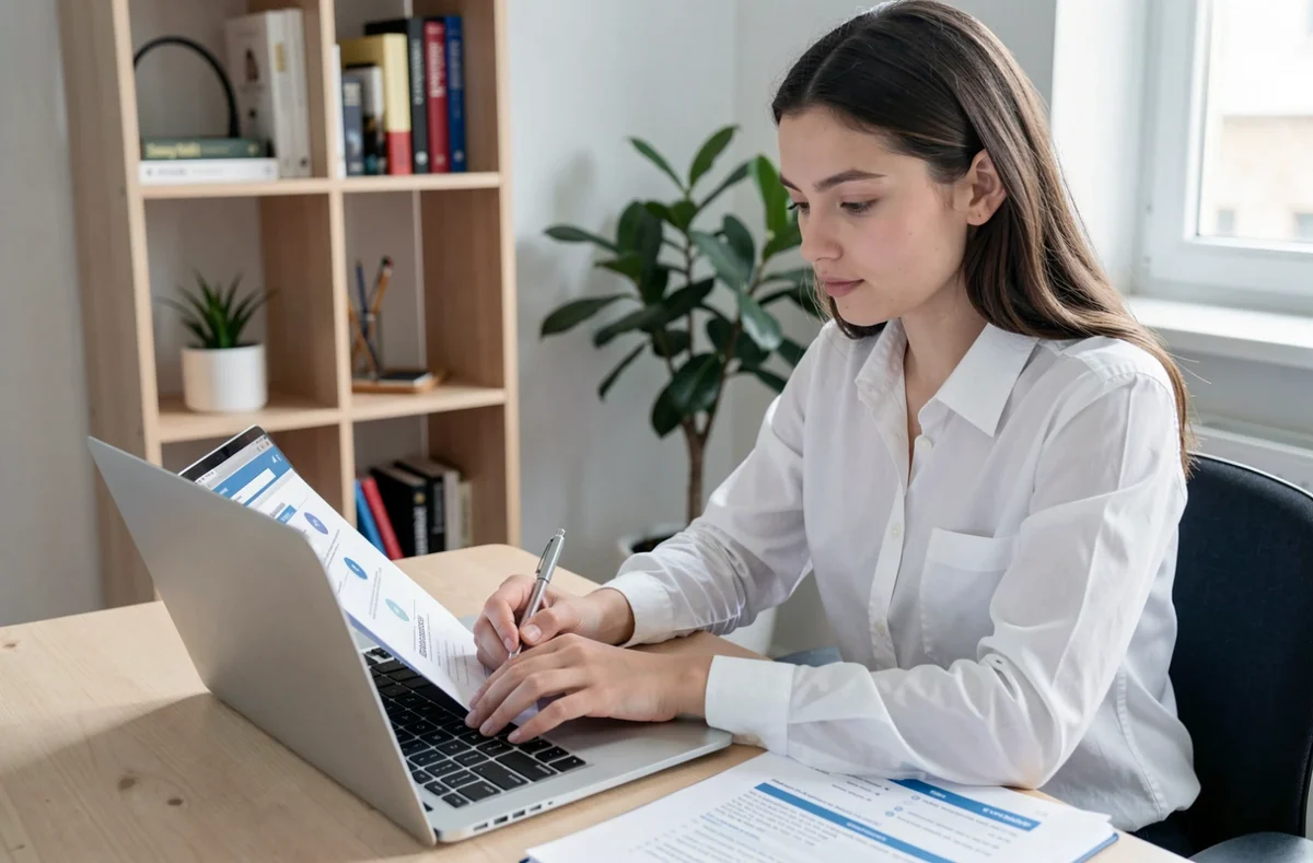 Étudiante souscrivant une assurance responsabilité civile en ligne depuis son appartement