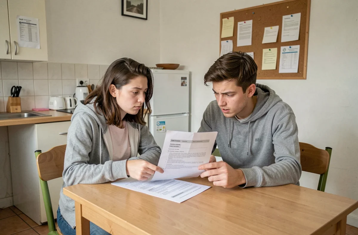 Deux étudiants en colocation à Toulouse analysant ensemble un contrat d'assurance habitation