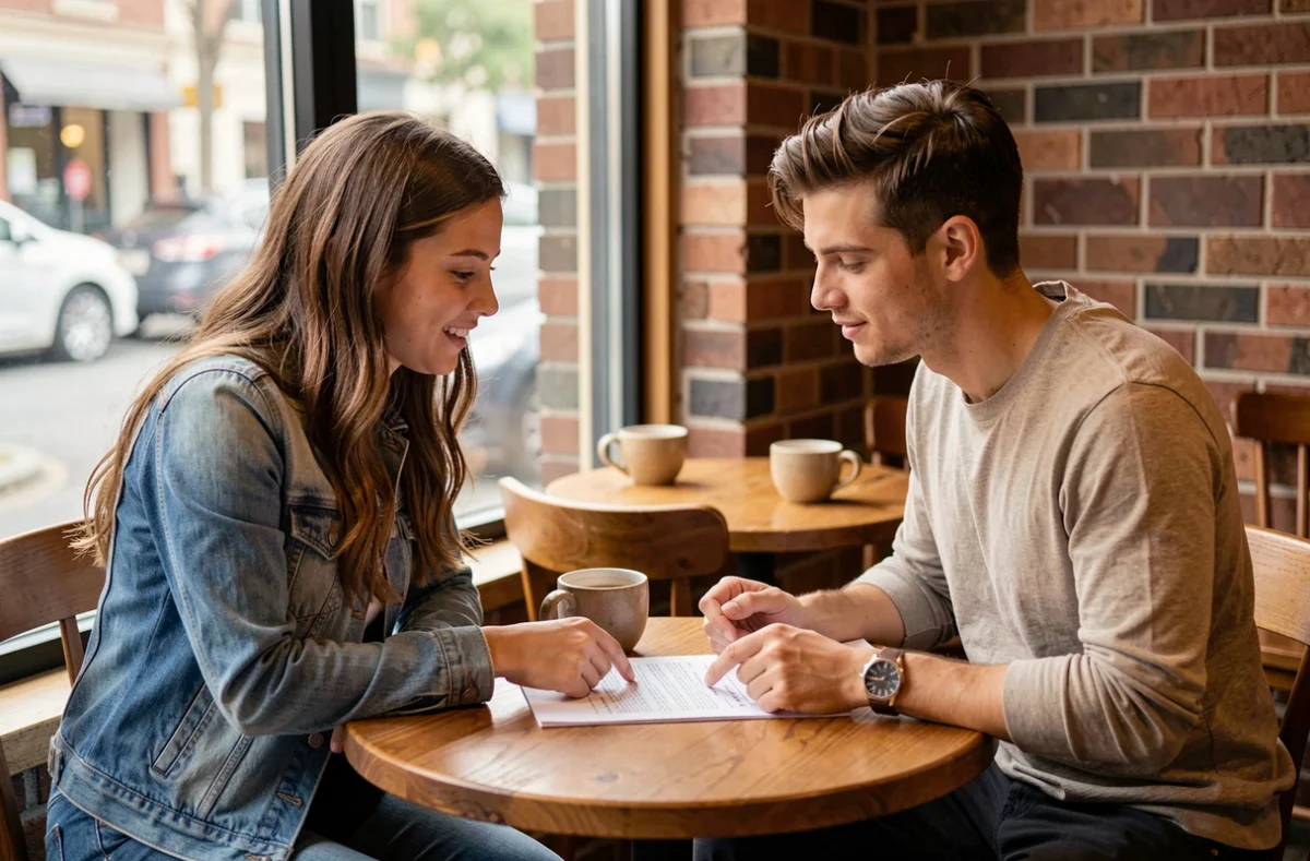 Deux étudiants discutant du prix d'une assurance responsabilité civile dans un café