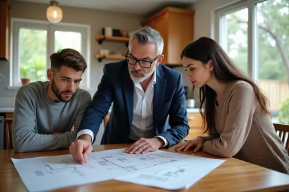 Expert immobilier en blazer examine plans avec couple