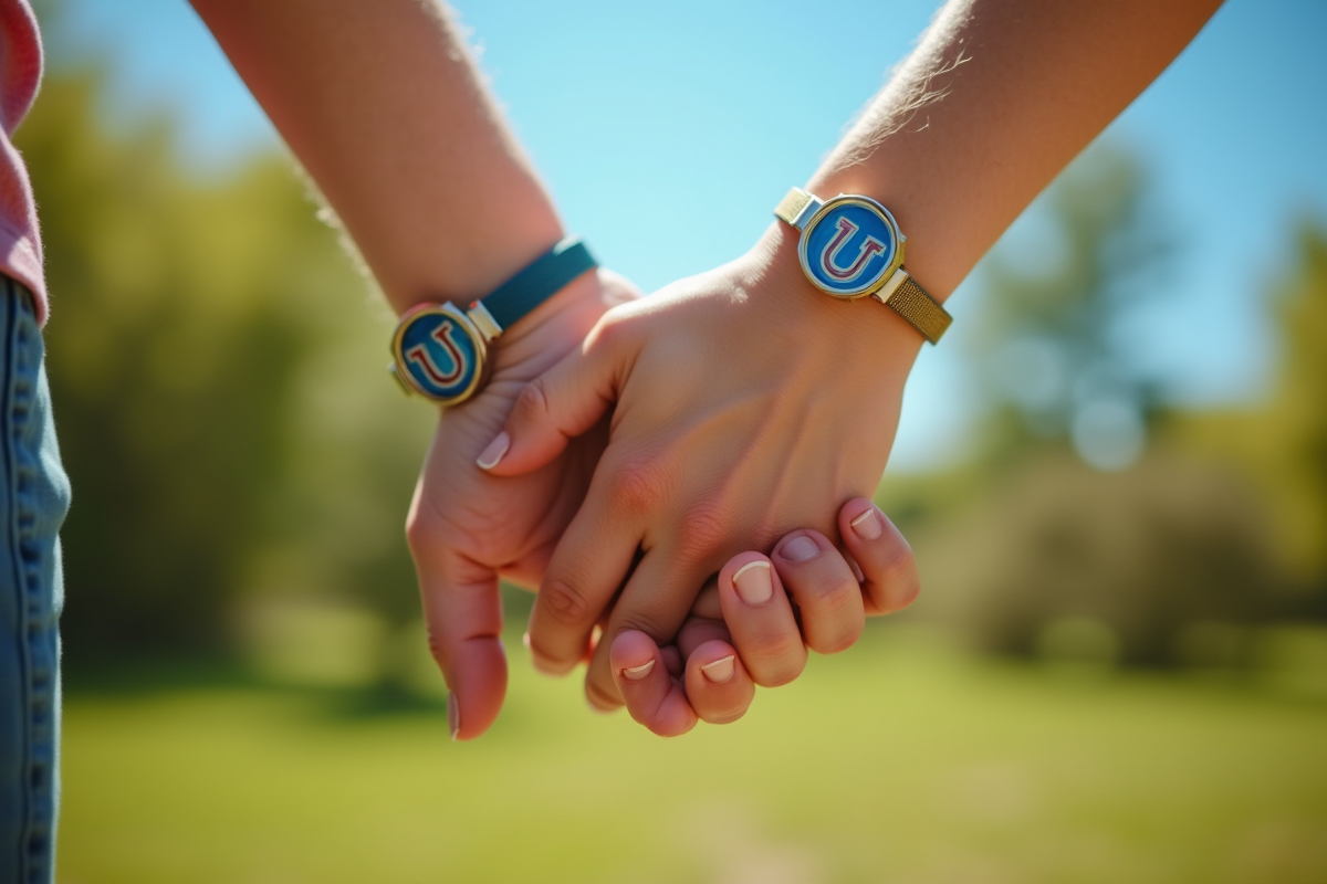 Famille souriante portant bracelets avec la lettre U dans un parc ensoleille