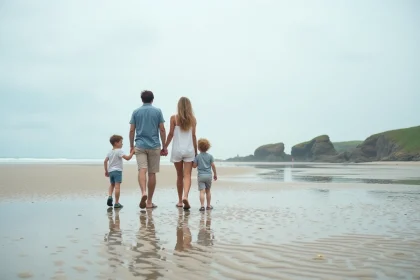 Famille explorant les vastes étendues de sable à marée basse sur la plage de Saint-Hilaire-de-Riez lors de vacances estivales sécurisées