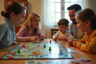 Famille jouant au Monopoly Junior autour d'une table en bois, règles du jeu en application