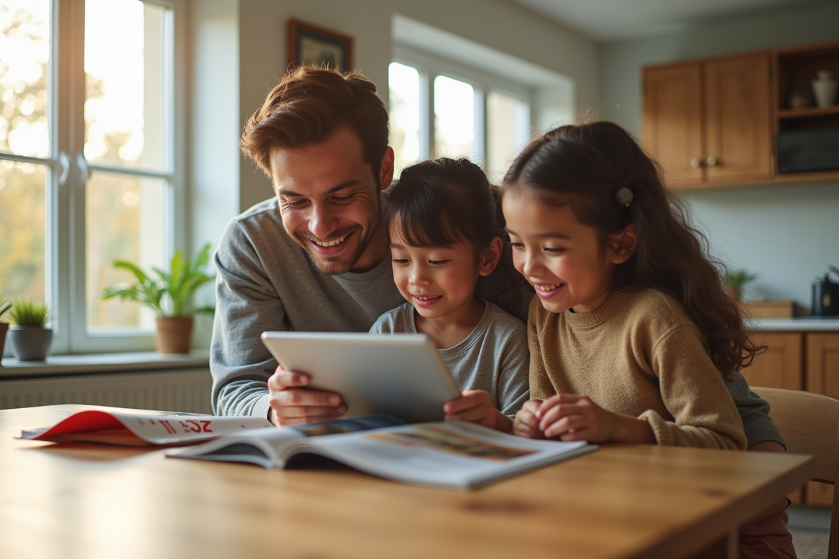 Famille souriante utilisant une tablette dans la cuisine avec Télé Z
