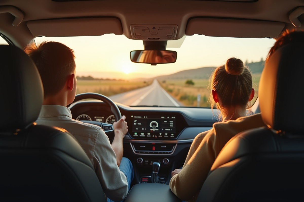 Famille roulant en SUV sur une route de campagne ensoleillée