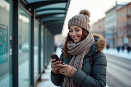 Jeune femme vérifiant l'arrivée du bus en hiver