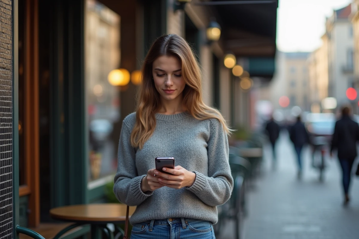 Femme dans un café urbain en attente avec son smartphone