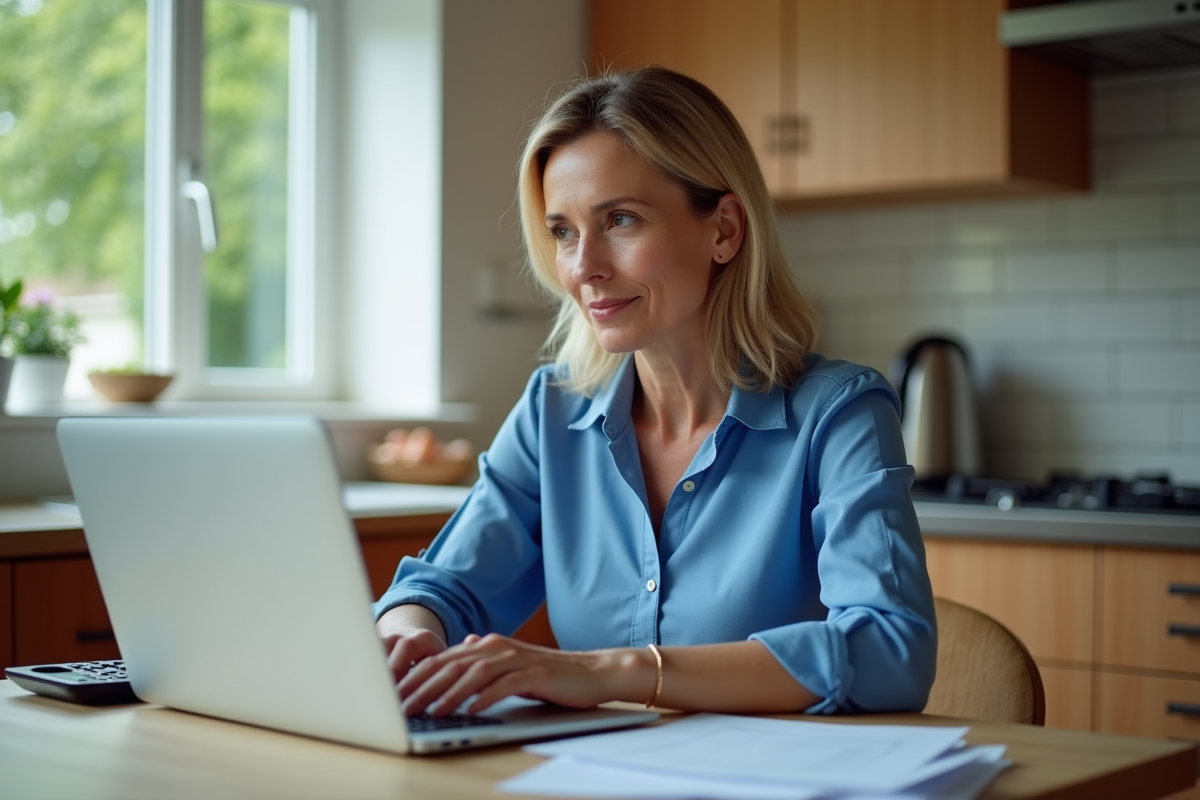 Femme concentrée travaillant à la maison dans une cuisine moderne