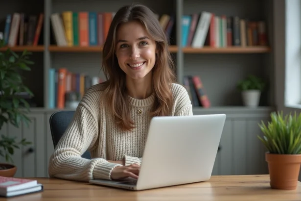 Jeune femme au bureau à domicile souriante et concentrée