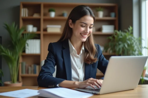 Jeune femme en bureau moderne travaillant sur ordinateur