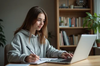 Jeune femme au bureau prenant des notes sur un ordinateur