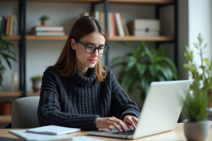 Femme concentrée dans son bureau à domicile avec ordinateur