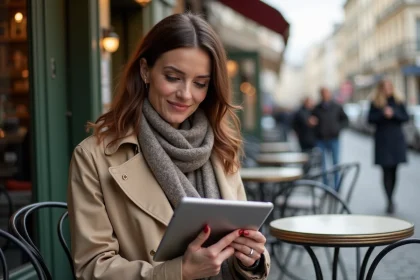 Femme lisant une critique de film au café à Paris