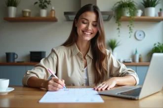 Jeune femme souriante marque des dates sur un calendrier 2026 à la maison