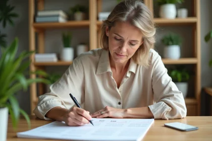 Femme marquant les semaines paires et impaires sur un calendrier papier 2026 dans un bureau à domicile