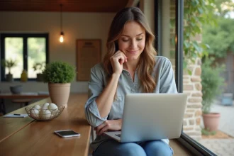 Femme vérifiant dates sur calendrier digital dans location cosy