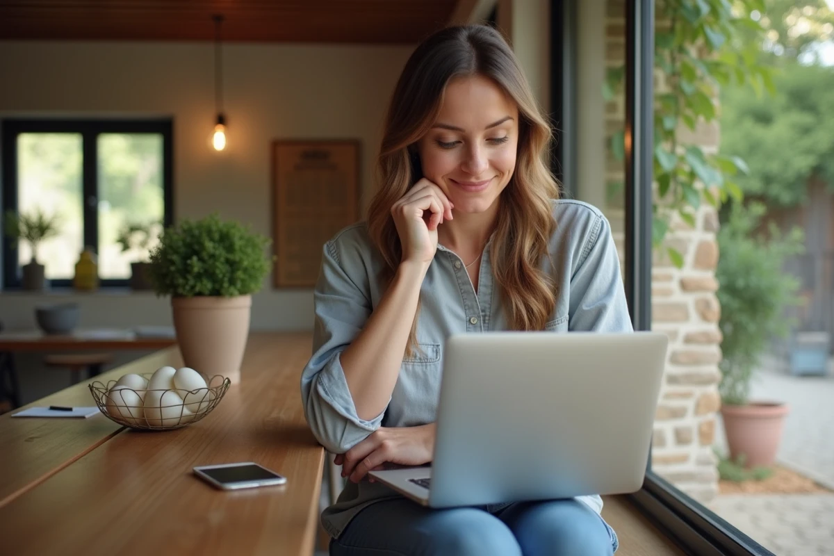 Femme vérifiant dates sur calendrier digital dans location cosy