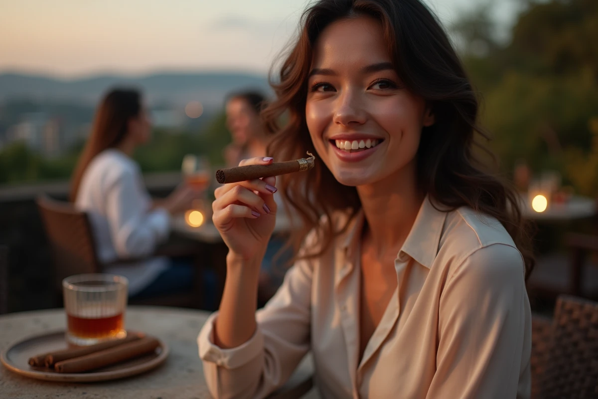 Femme souriante avec cigare en soirée en extérieur