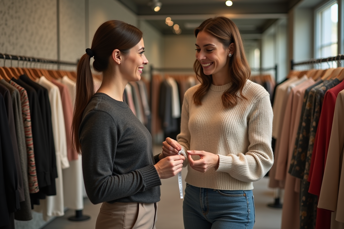 Conseillère de mode aidant une cliente dans une cabine