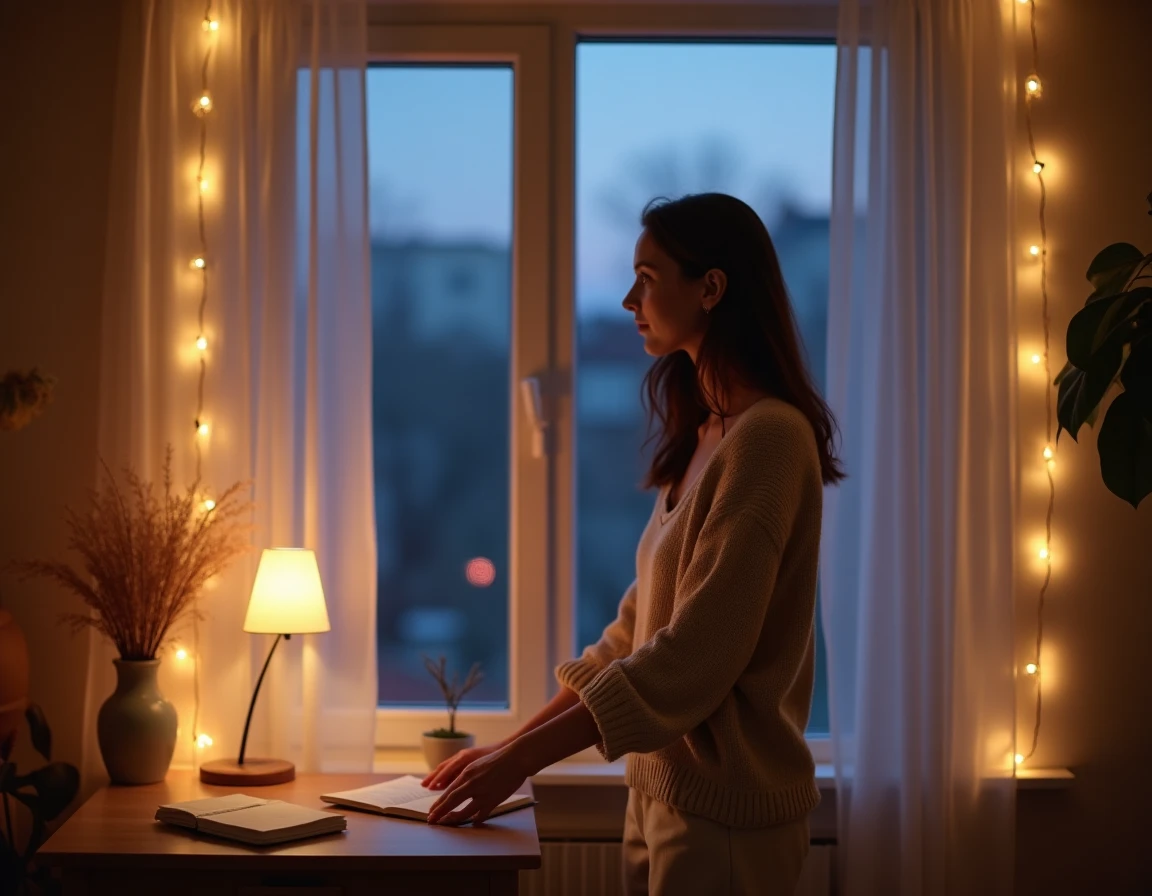 Jeune femme contemplative au bord d'une fenêtre au crépuscule dans une chambre douillette pour se préparer à une bonne nuit