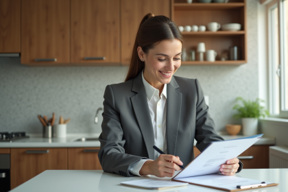 Femme d affaires examinant un contrat de location dans une cuisine moderne