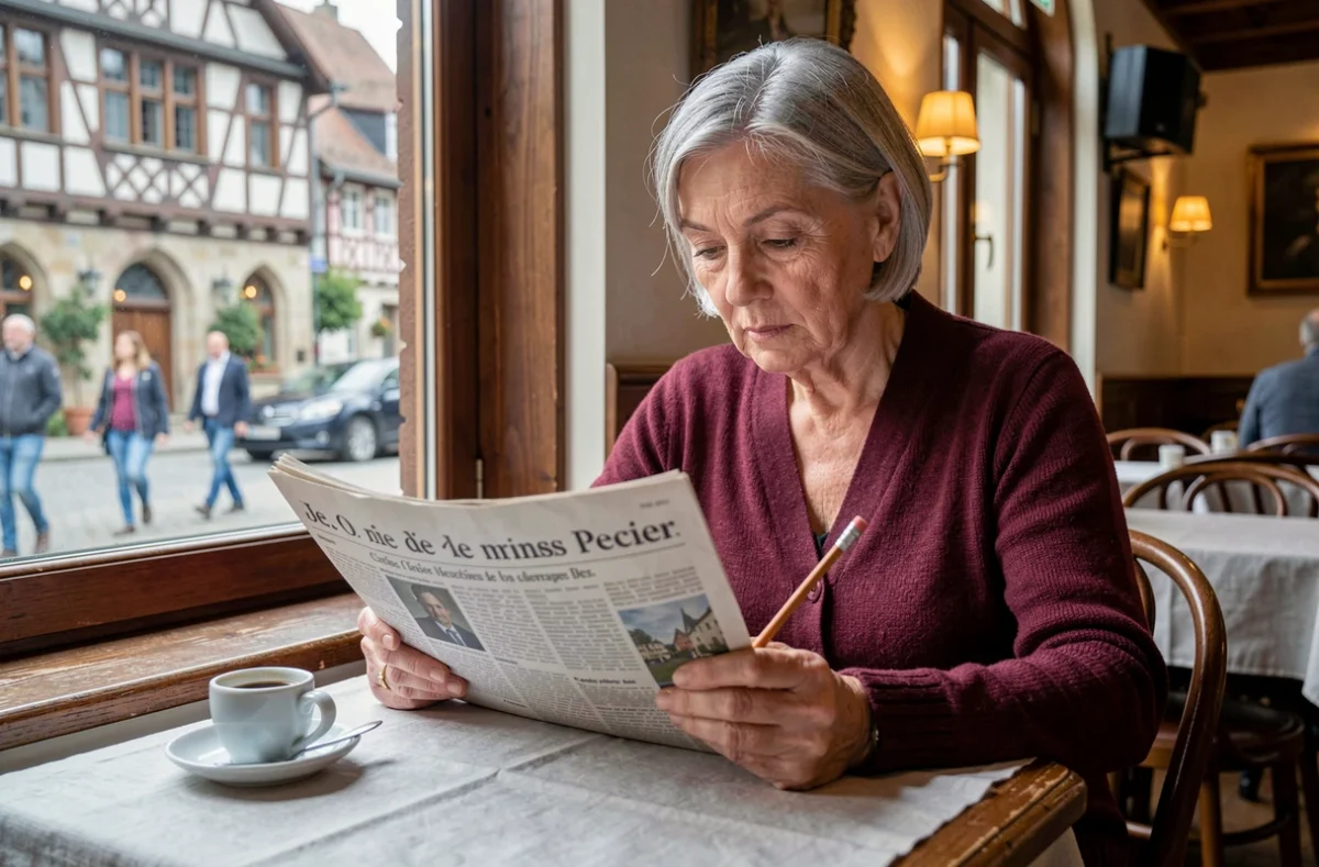 Femme âgée corrigeant des erreurs de texte dans un journal français dans une brasserie alsacienne traditionnelle de Strasbourg