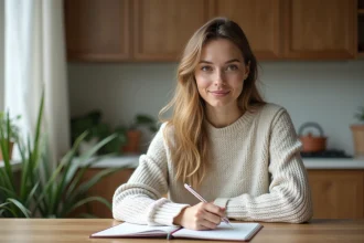 Jeune femme écrivant dans un carnet dans une cuisine lumineuse