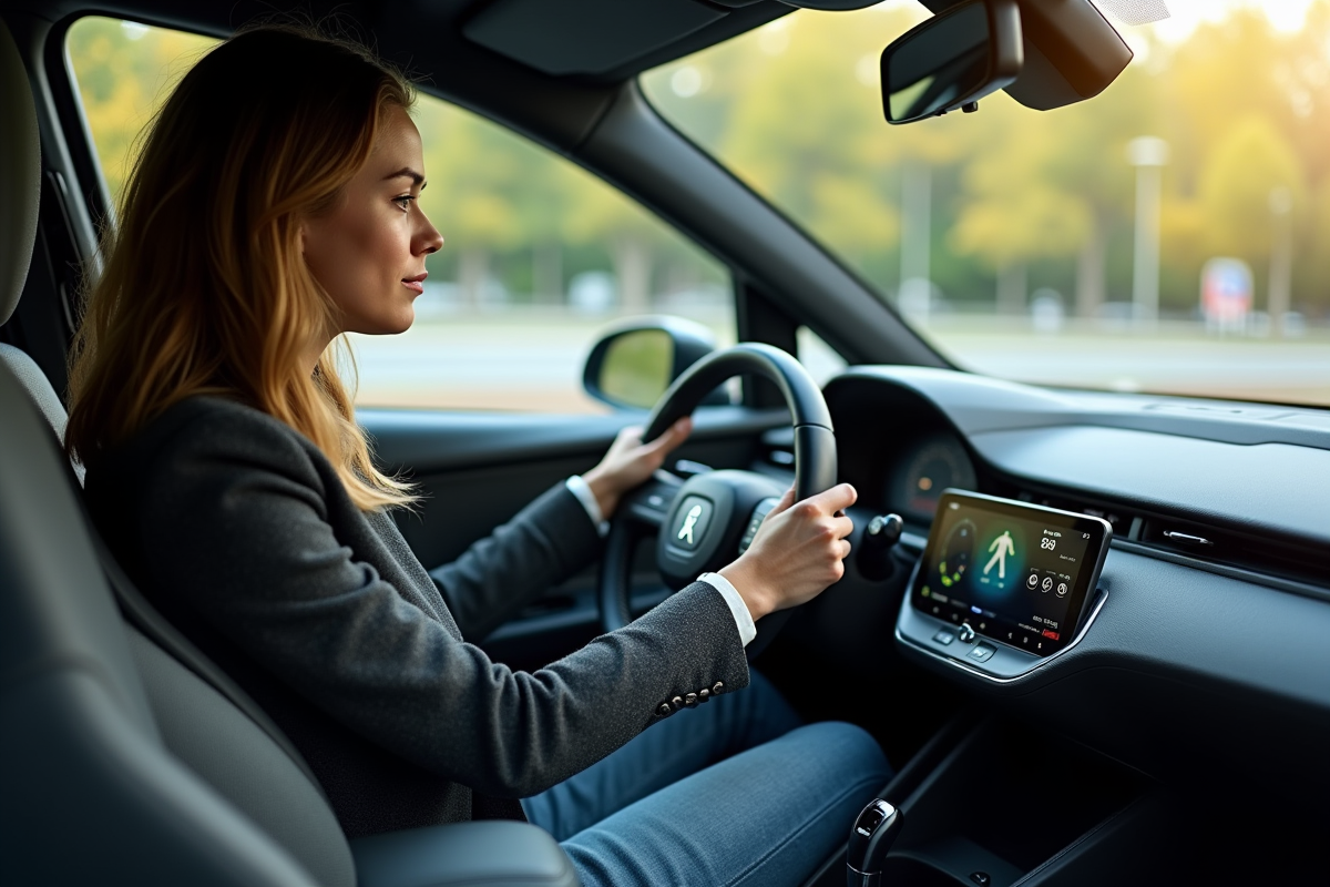 Jeune femme analysant le tableau de bord d