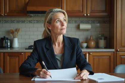 Femme d'âge moyen tenant des documents juridiques dans une cuisine