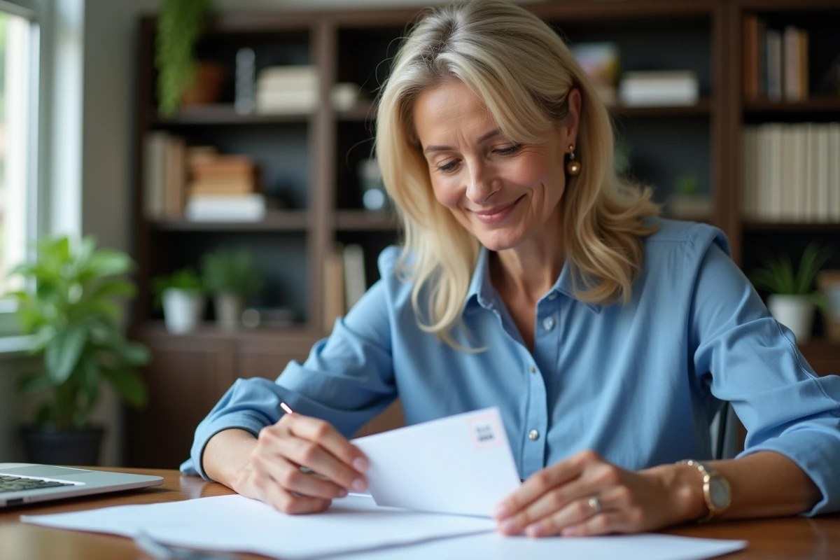 Femme organisée posant une lettre dans un bureau moderne