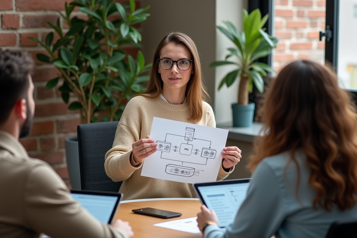 Femme expliquant un diagramme DFS à un groupe