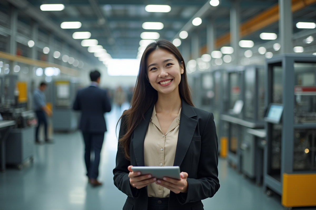 Jeune femme dans une usine avec tablette et machines
