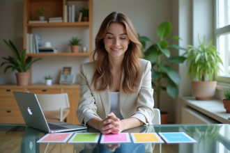 Jeune femme souriante étudie des cartes innovantes dans un bureau lumineux