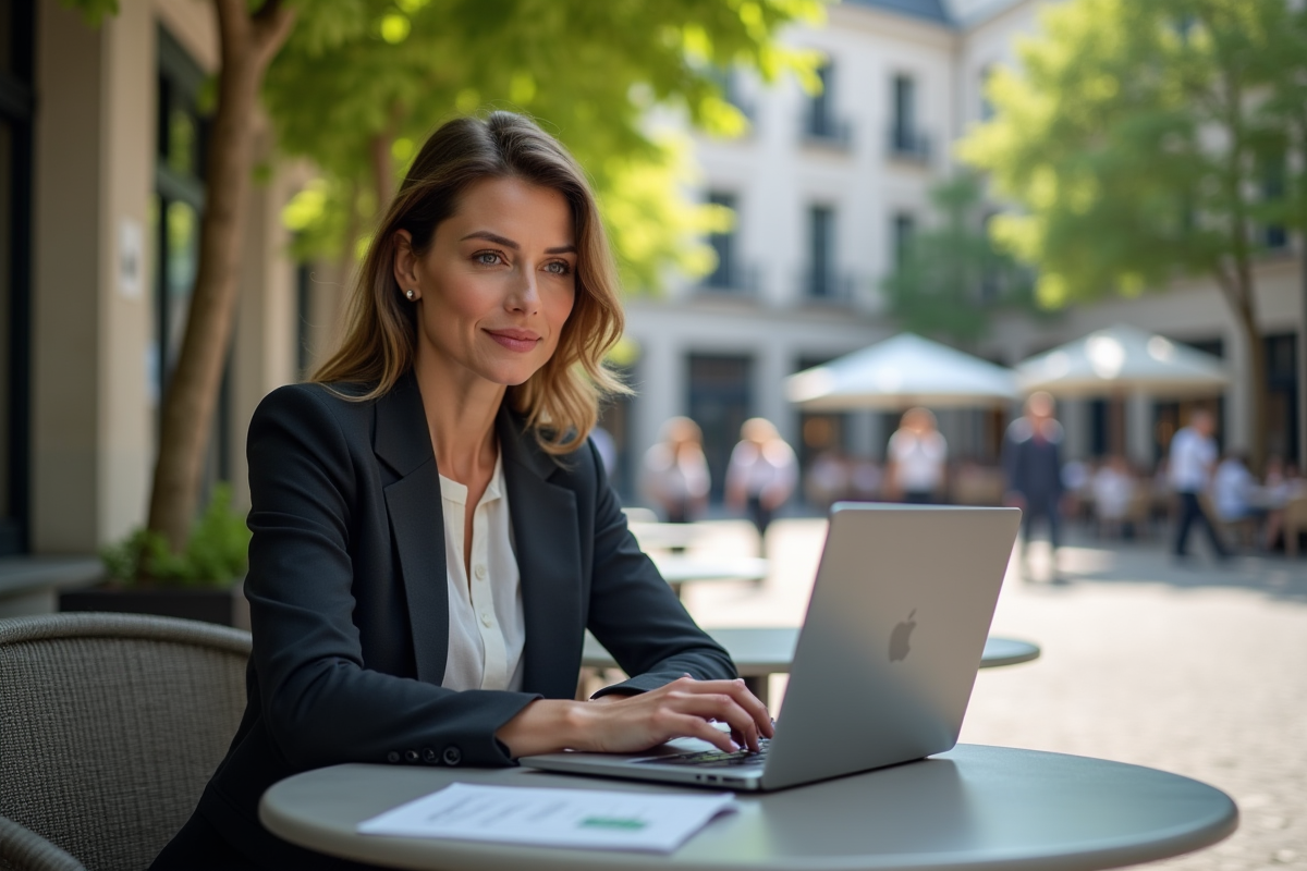 Femme analysant des investissements immobiliers en terrasse