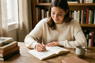 Femme écrivant dans un journal de gratitude posé sur un bureau en bois, entourée de livres et d'une tasse de café, atmosphère cosy et apaisante