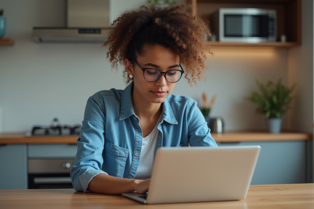 Jeune femme utilisant son ordinateur dans la cuisine