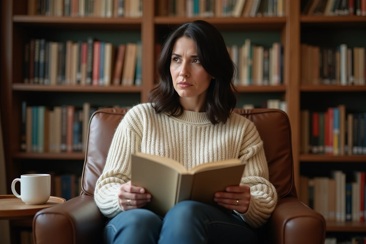 Femme lisant un livre bestseller dans une bibliothèque personnelle, l'air songeur et interrogatif