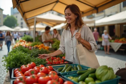 Femme faisant ses courses au marché du dimanche matin parmi les légumes frais et colorés