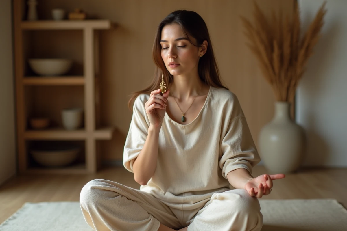 Femme tenant une amulette scarabée dorée lors d'une méditation, symbolisme spirituel du scarabée dans la vie quotidienne